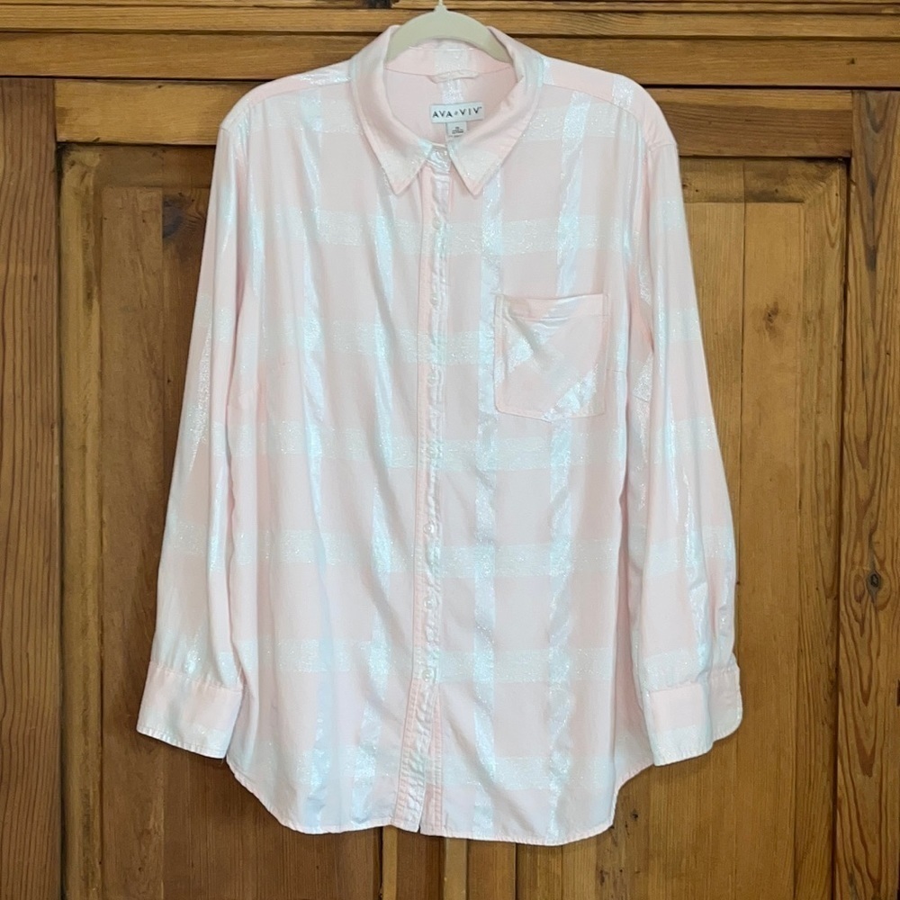 AVA ViV Plaid Pink & Silver Button Down Blouse Sz. 2X